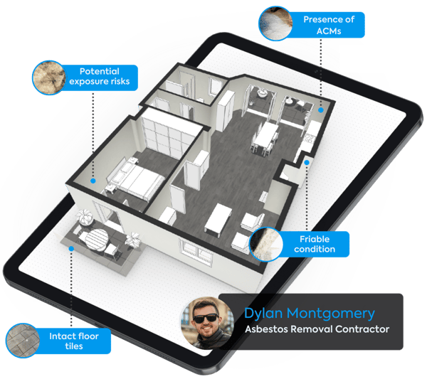 Asbestos removal expert finding using the magicplan app on an ipad indication the potential exposure eisk, presecen of ACMs and friable condition of the kitchen annotations on 2D floor plan sketch created with the magicplan app with photos.