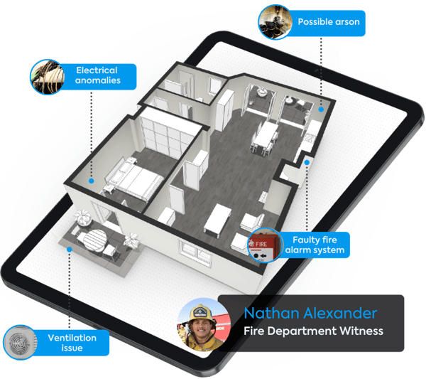 Fire scene investigation floor plan evidence in ipad with witness information from the fire departmemt